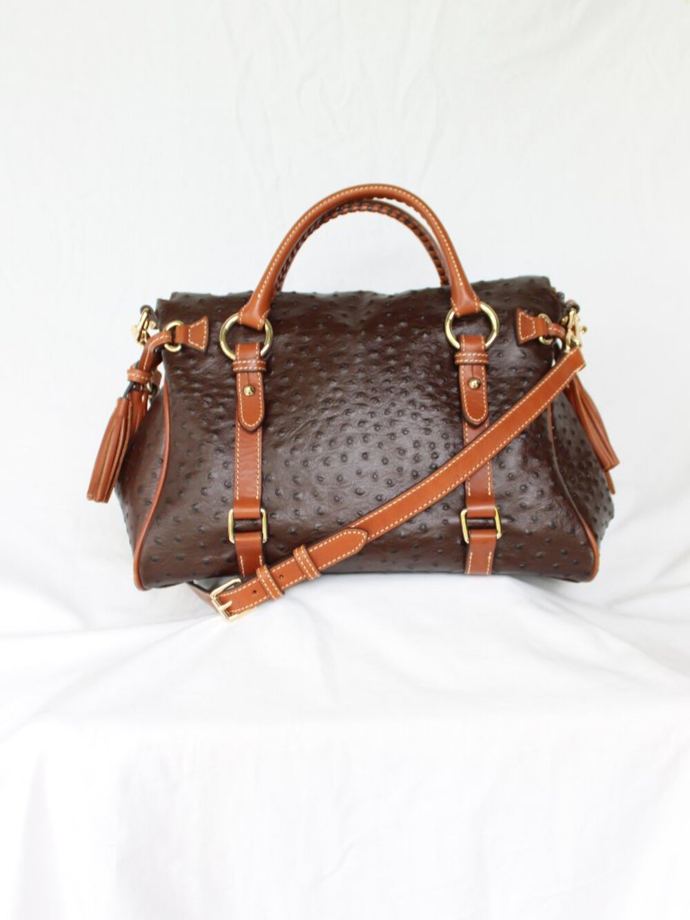 Dooney & Bourke Ostrich brown satchel leather Florentine tassel purse crossbody - Picture 6 of 12
